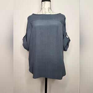 LOFT Women's Gray Roll Tab 3/4 To Shortsleeve Boat Neck Rayon Blouse Size XS